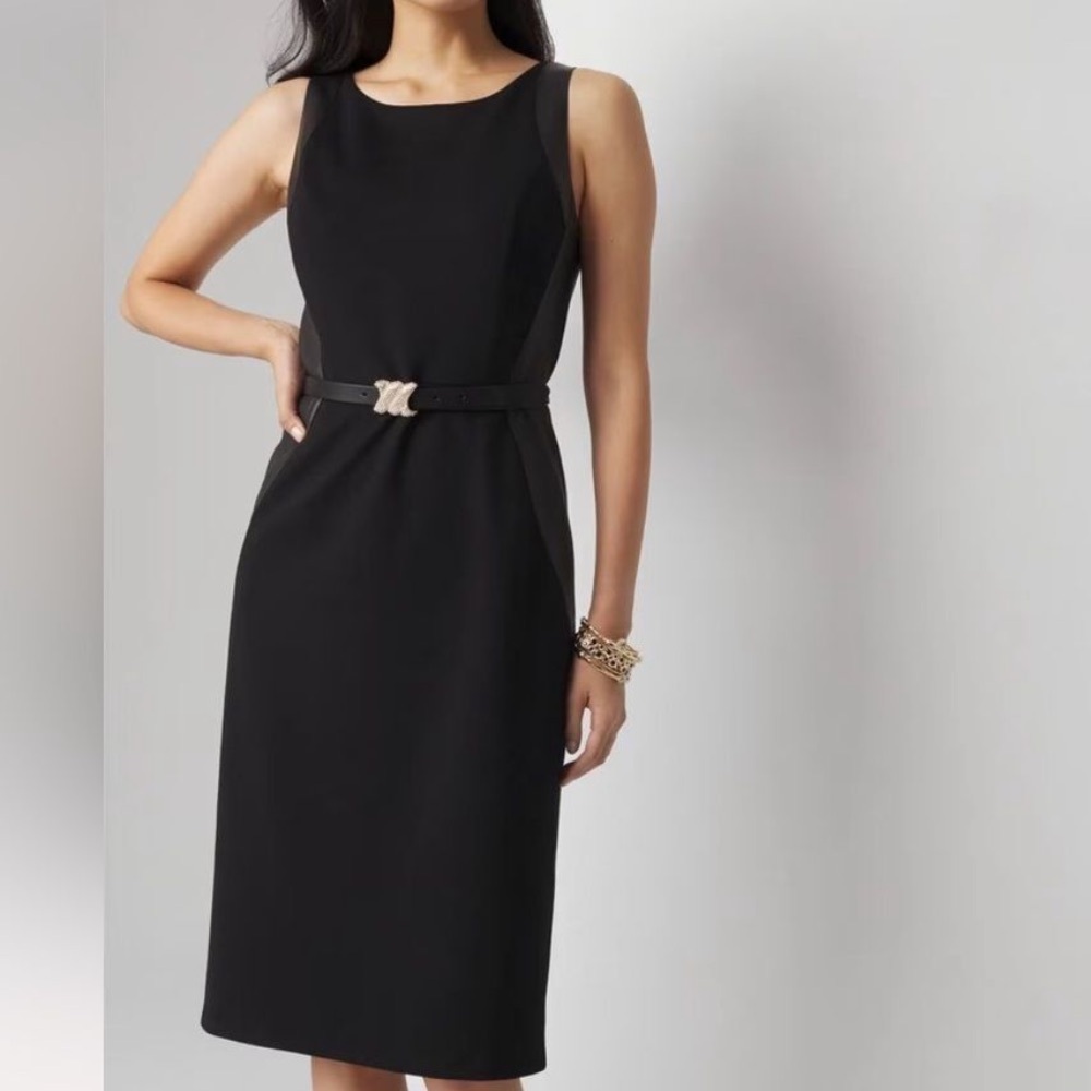 EUC WHBM Elegant Black Sleeveless Leather Trim Sheath Dress 10 - Picture 4 of 10